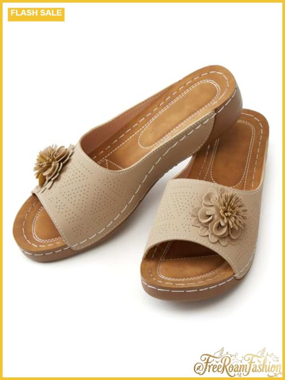 Womens Faux Leather Low Wedge Slide Sandals Open Toe Flower Beach Slides